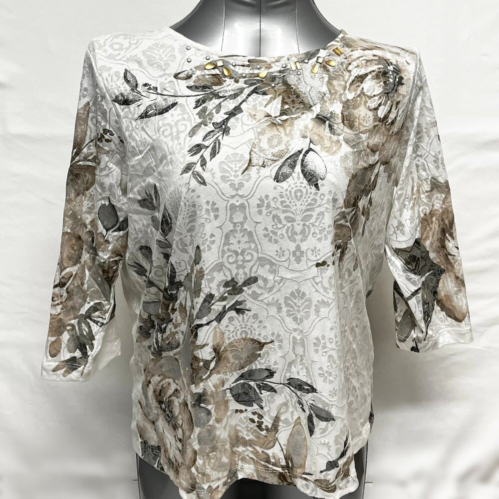 ALFRED DUNNER Pullover Top Blouse Taupe Floral, Jeweled, Lined, 3/4 Sleeve PM F